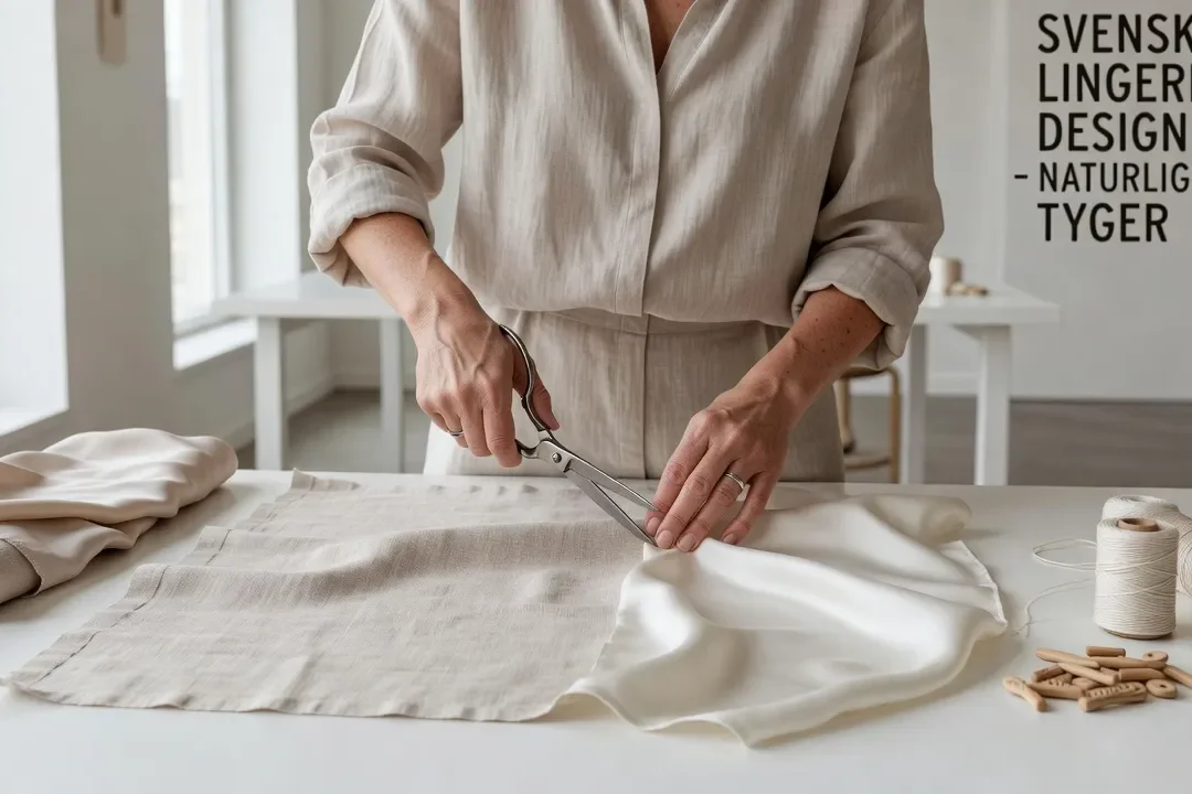Atelier de lingerie slow fashion scandinave, créatrice suédoise travaillant sur des pièces en lin naturel