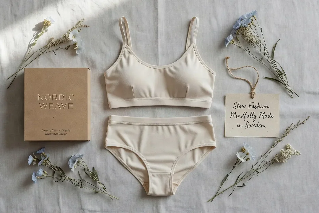 Collection de lingerie nordique slow fashion en lin et coton biologique, présentation flat lay minimaliste