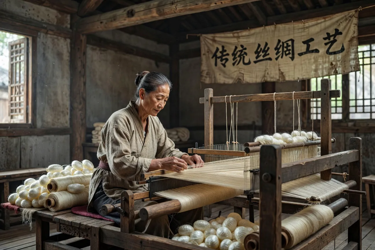 Artisane de Hangzhou filant la soie traditionnelle sur métier ancestral, patrimoine de la Route de la Soie