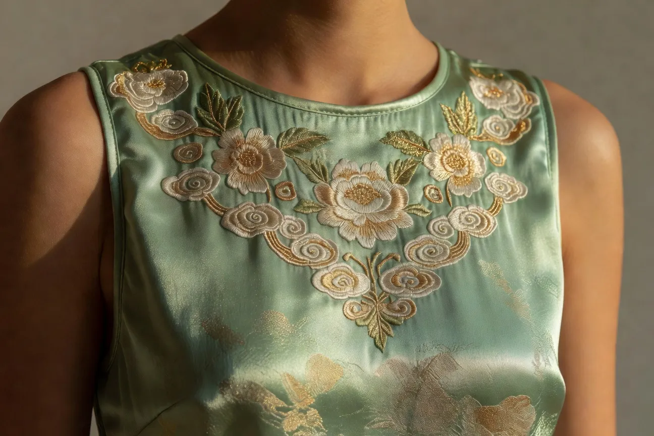 Gros plan texture soie de Chine grade 6A sur épaule d'une femme, broderie traditionnelle chinoise, lumière studio dorée