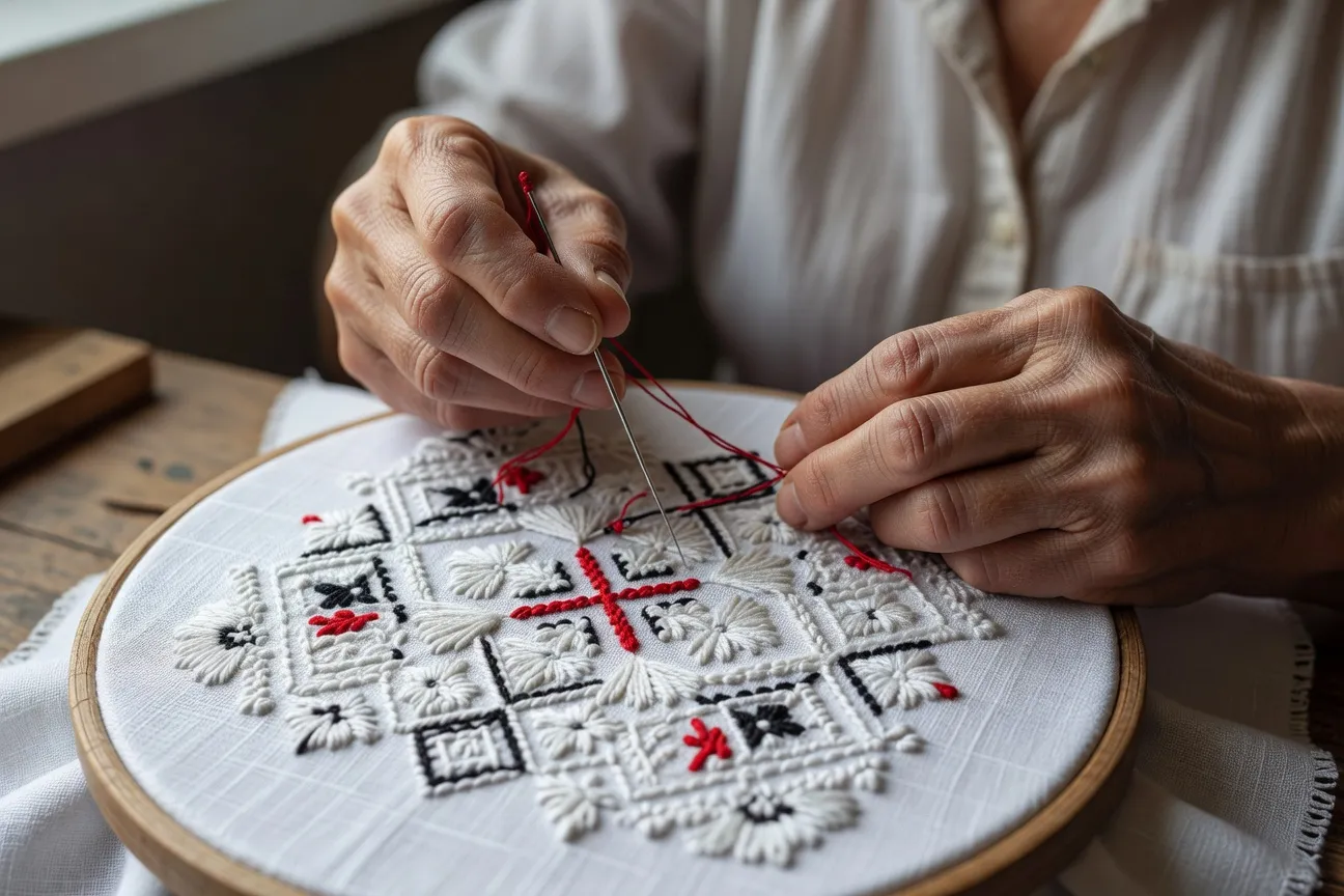 Artisane ukrainienne brodant un motif vyshyvanka sur toile de lin blanc