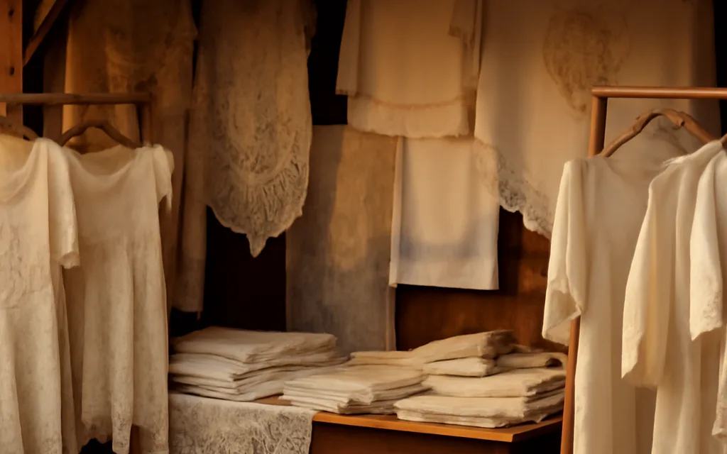 Marché de mode vintage en Europe de l'Est, présentoirs de pièces textiles anciennes