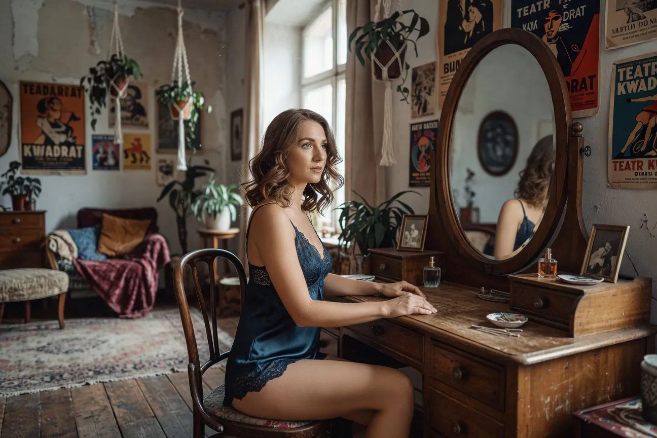 Femme portant une lingerie Figl Migl en satin bleu marine et dentelle, appartement bohémien Varsovie-Praga