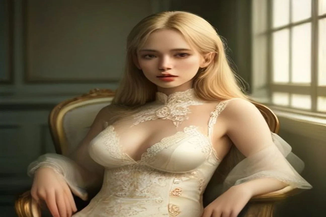 Femme portant un body blanc brodé de dentelle polonaise, assise dans un intérieur raffiné