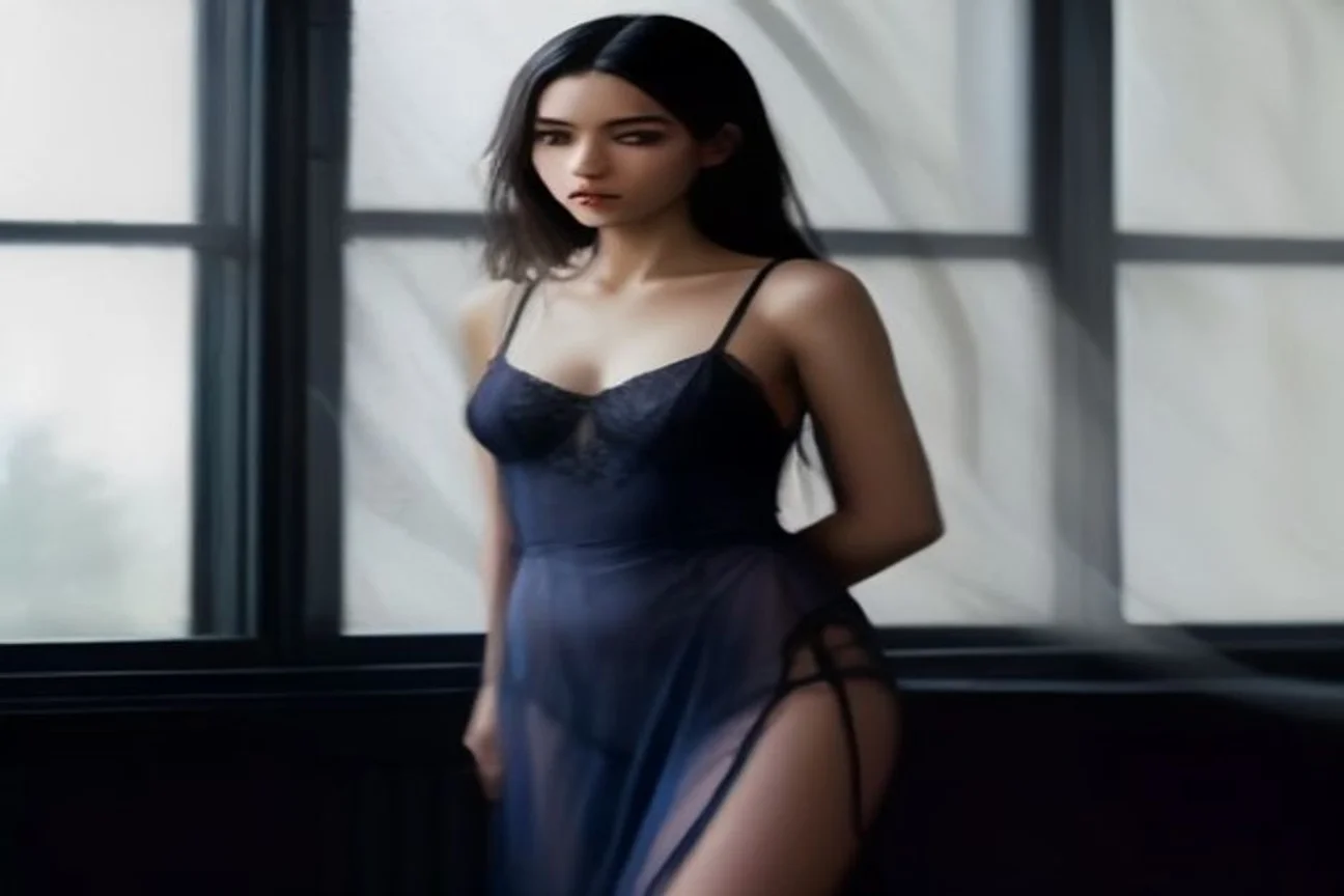 Nuisette satinée bleu marine avec dentelle noire, style lingerie polonaise sophistiquée