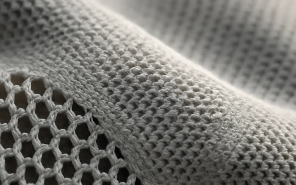 Gros plan sur un tissu technique respirant utilisé en lingerie de sport, zones mesh aérées
