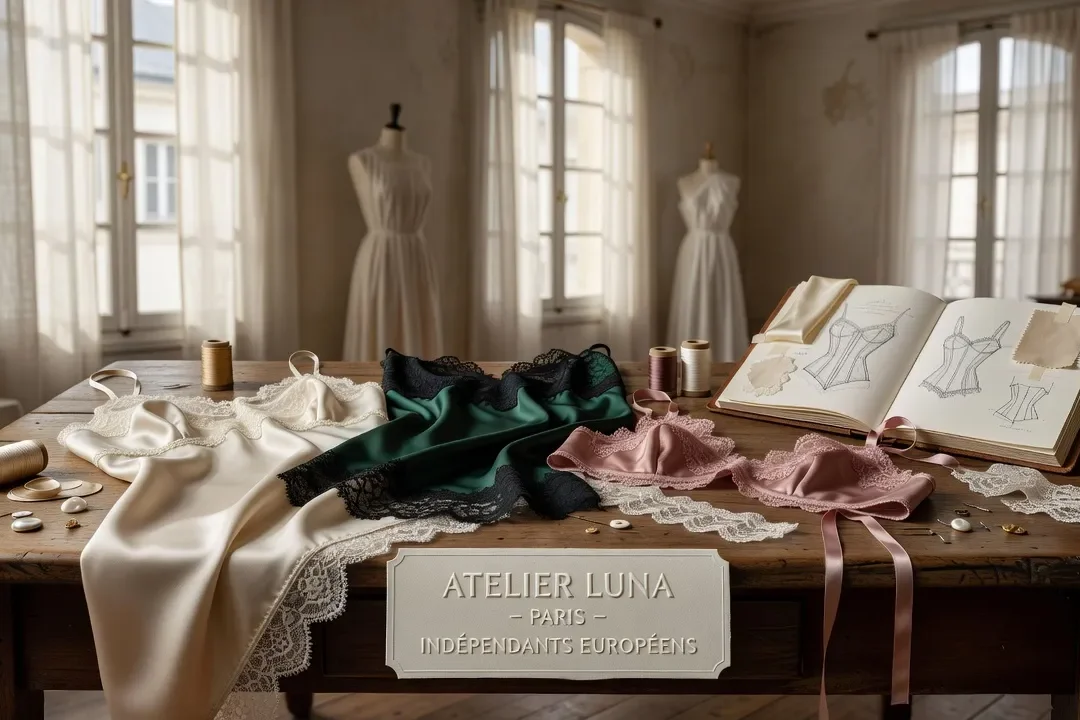 Lingerie européenne indépendante, présentoir de pièces en soie et dentelle, différentes marques artisanales, photographie éditoriale sur fond neutre