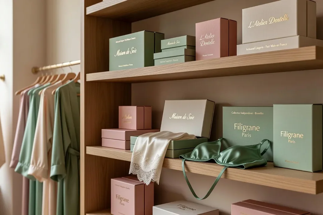 Boutique de lingerie européenne indépendante, étagère avec packagings artisanaux de marques françaises belges polonaises, photographie éditoriale