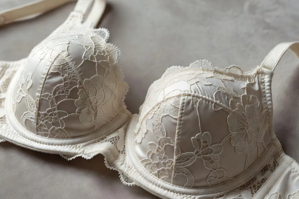Gros plan sur un soutien-gorge grande taille à bonnets profonds, coutures plates et détail dentelle de qualité