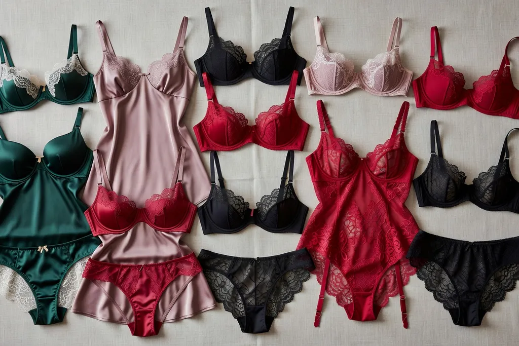 Sélection de lingerie grande taille variée — soutiens-gorge balconnet et culottes en satin et dentelle, flatlay éditorial