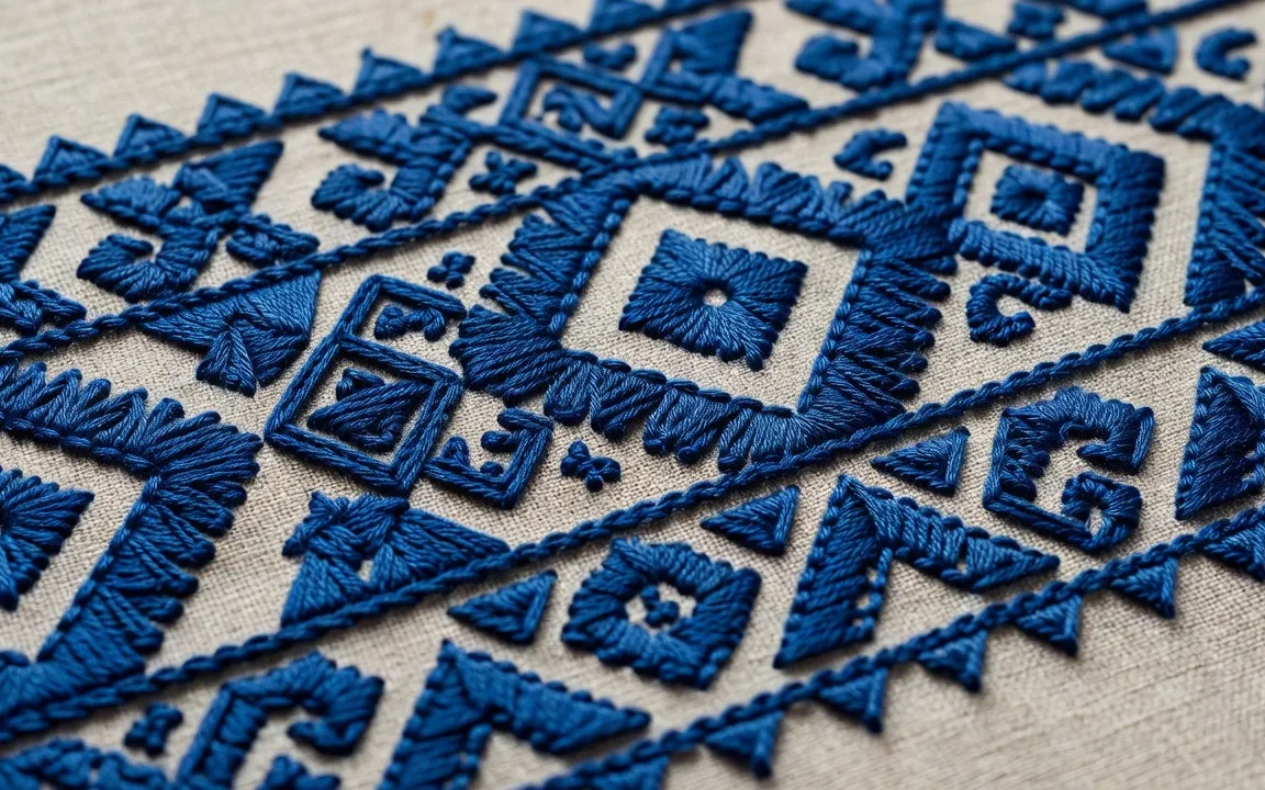 Détail de broderie bleue traditionnelle de Zmijanje sur tissu de lin bosnien