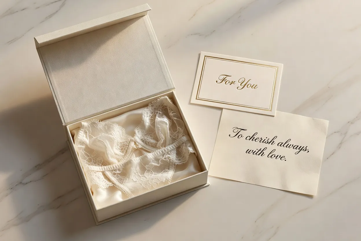 Carte cadeau et petit mot manuscrit posés à côté d'une boîte de lingerie emballée, ambiance élégante