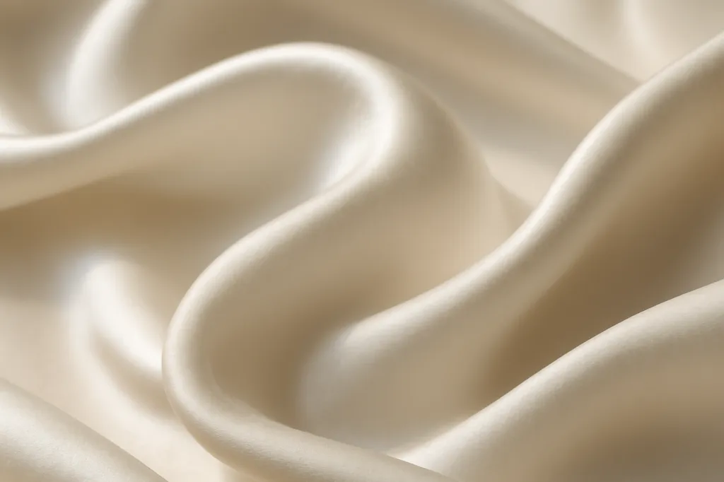 Gros plan sur un tissu de soie naturelle ivoire aux plis souples, texture luxueuse