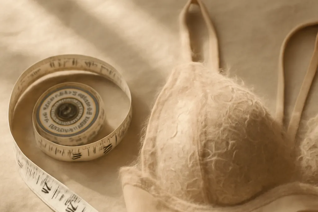 Mètre ruban souple posé en spirale à côté d'un soutien-gorge en dentelle, pour illustrer la mesure du tour de poitrine