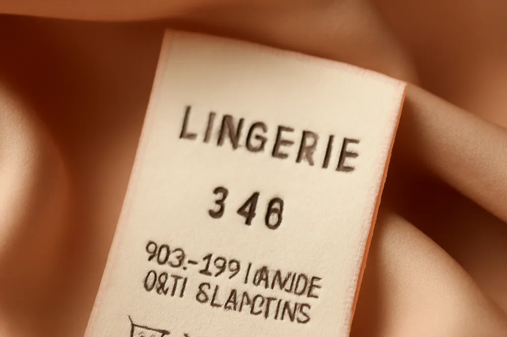 Étiquette de composition d'un soutien-gorge indiquant la taille et les matières, détail sur tissu doux