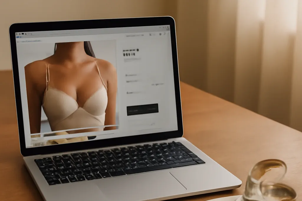 Ordinateur portable ouvert sur une fiche produit de lingerie avec un carnet de notes et un mètre ruban à côté