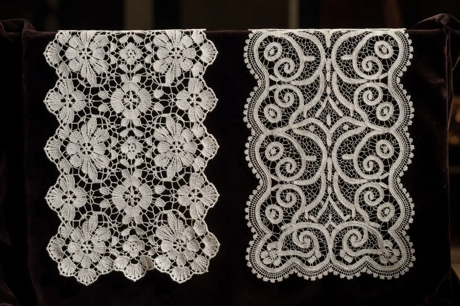 Comparatif visuel de dentelles de Koniakow et Vologda sur fond de velours sombre