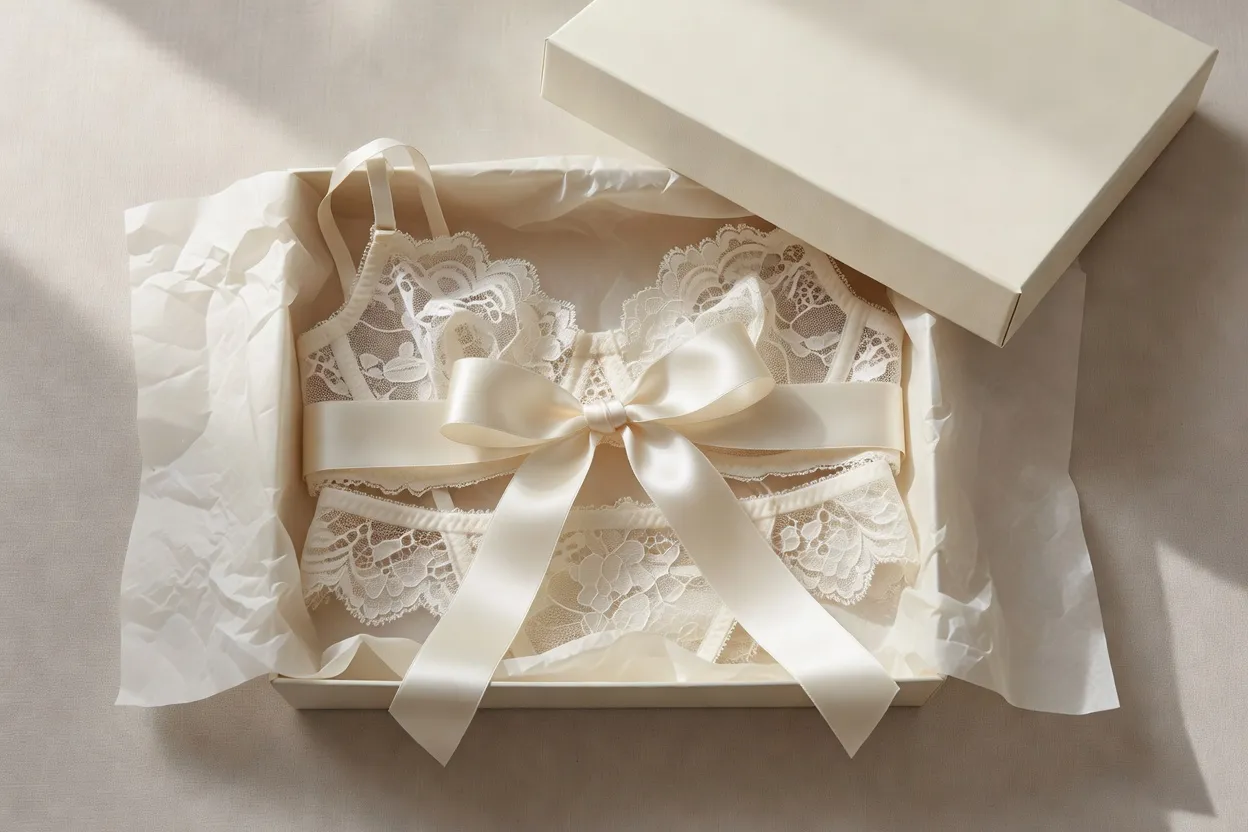 Boîte cadeau élégante avec ruban satiné et pièce de lingerie pliée délicatement, présentée sur un tissu neutre