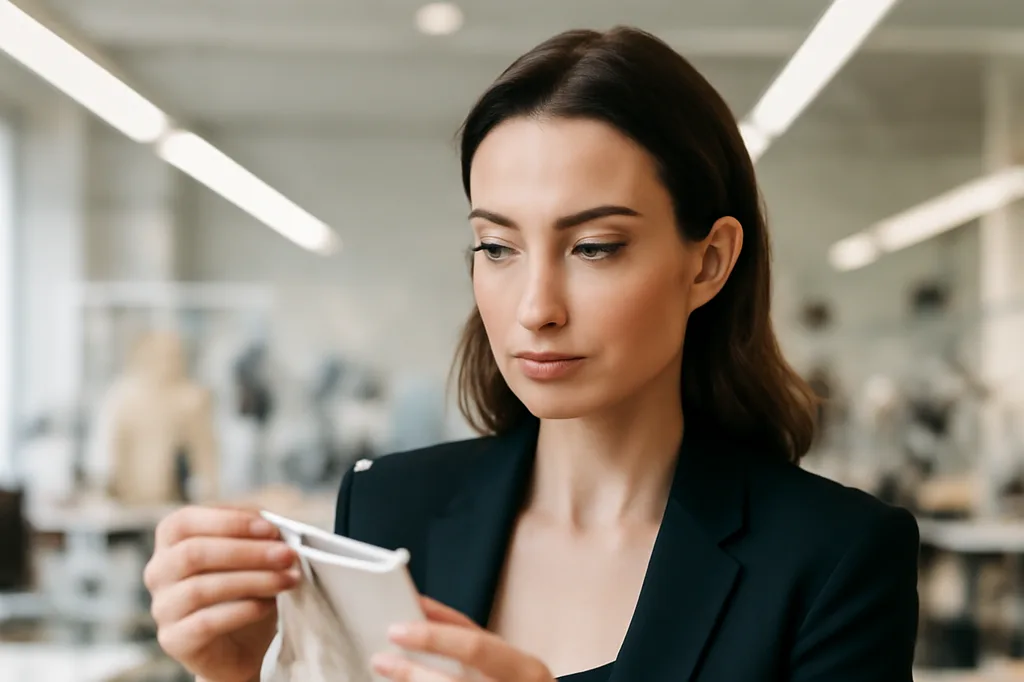 Étiquette de composition textile sur pièce de lingerie européenne, gros plan atelier de confection