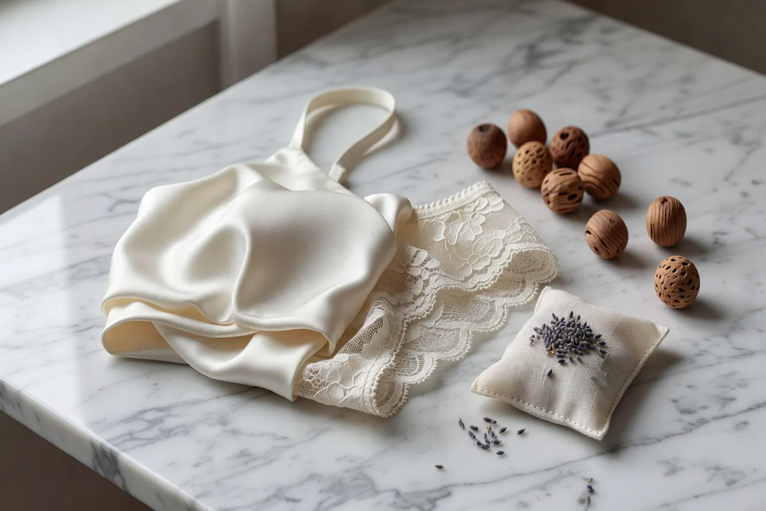 Lingerie fine posée à plat sur du marbre blanc, sachet de lavande et boules de cèdre, entretien soigneux