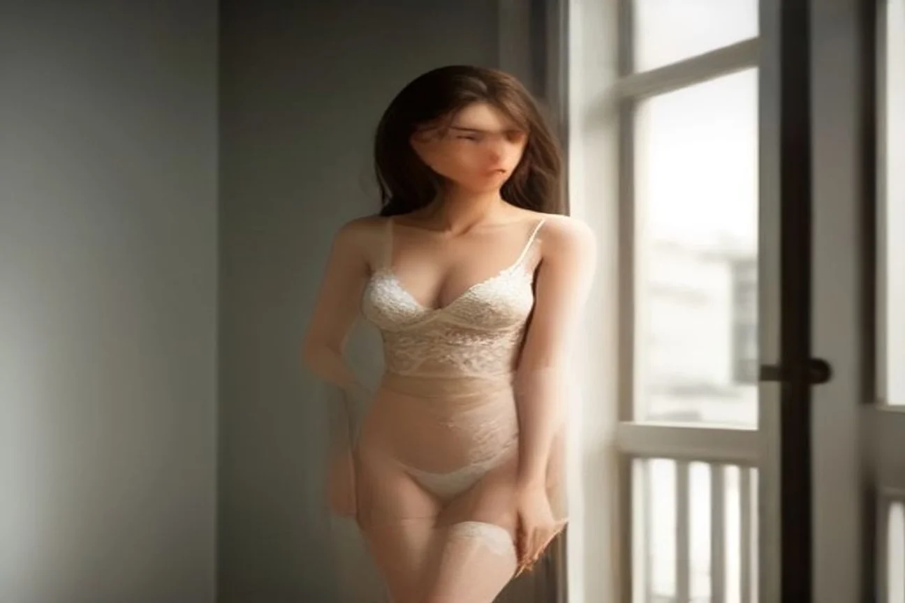 Femme élégante en lingerie blanche raffinée, style éditorial polonais contemporain