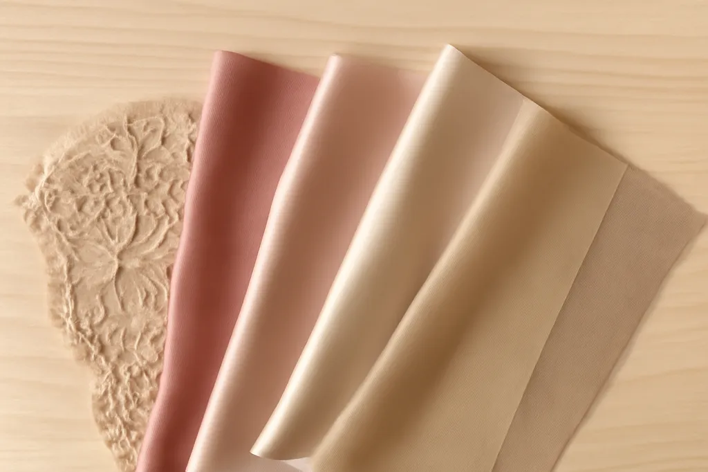 Échantillons de tissus de lingerie (coton, soie, dentelle, microfibre) disposés en éventail sur une surface en bois clair