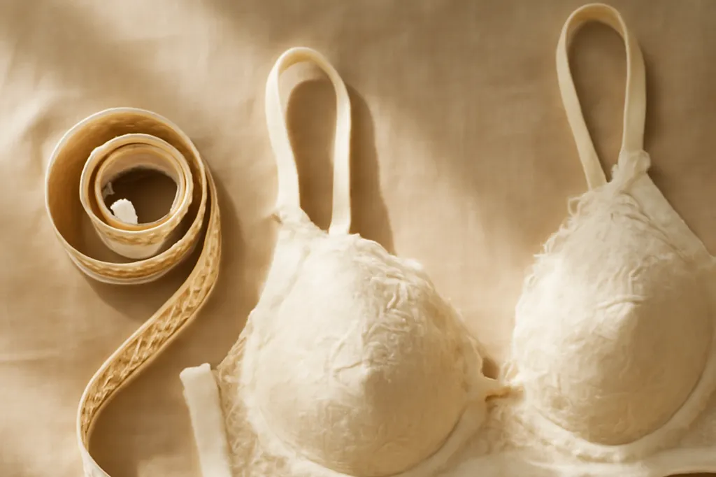Mètre ruban et soutien-gorge en dentelle claire posés sur un plan de travail élégant, pour illustrer la prise de mesure
