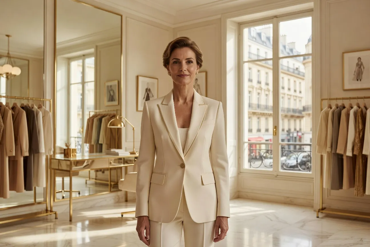 Isabelle Bertrand, coach image, dans un studio de mode lumineux, tons crème et dorés