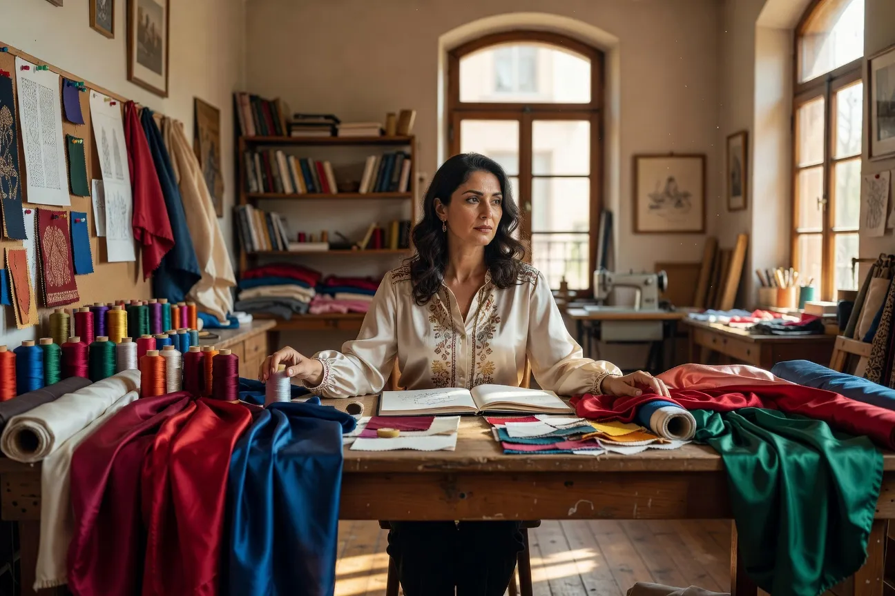 Portrait éditorial de Tamar Beridze, créatrice de lingerie géorgienne, dans son atelier de Tbilissi