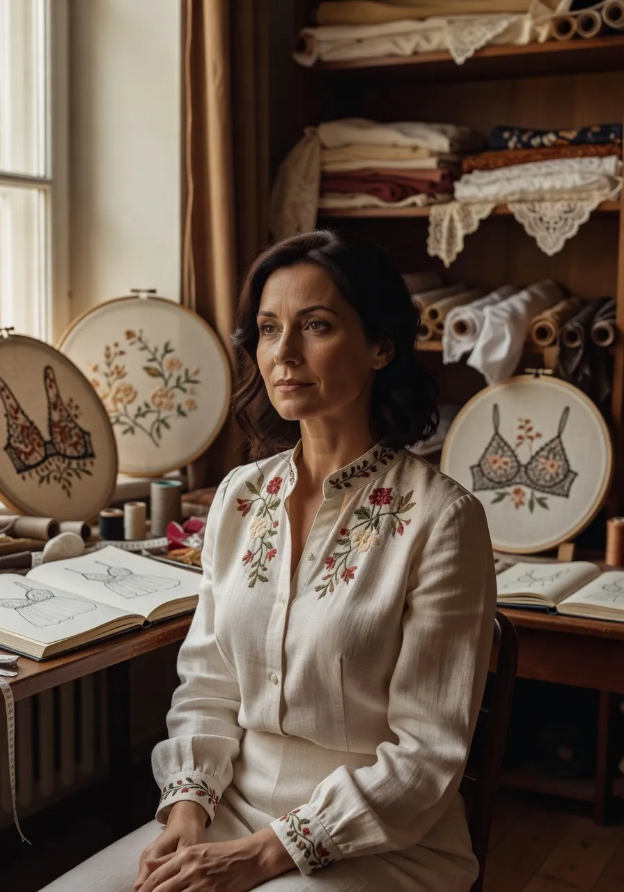 Portrait éditorial de créatrice de lingerie ukrainienne dans un atelier de Kiev, collection vyshyvanka