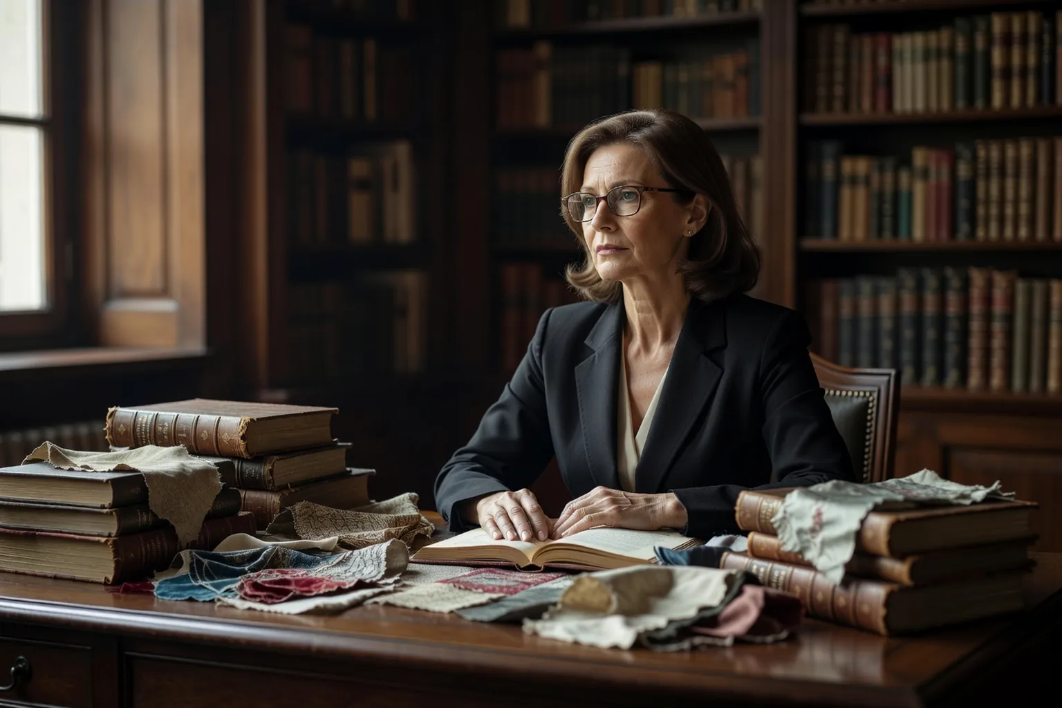 Portrait éditorial de Margaux Dubois, historienne du textile, dans son bureau