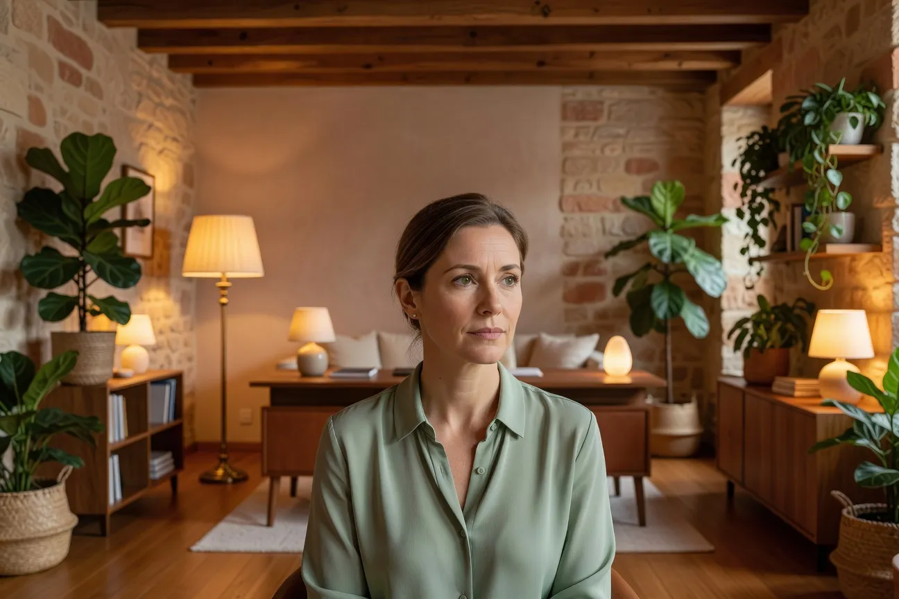 Hélène Marchand, sexothérapeute, dans son cabinet chaleureux, lumière dorée, atmosphère bienveillante