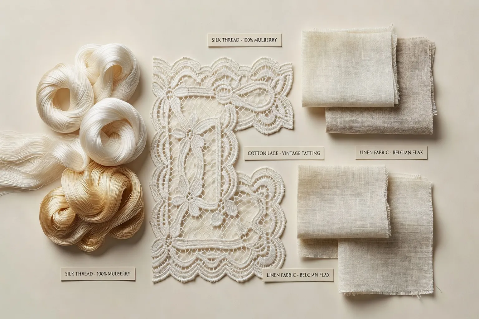 Échantillons de fibres textiles lingerie — soie, coton, dentelle, lin sur fond ivoire