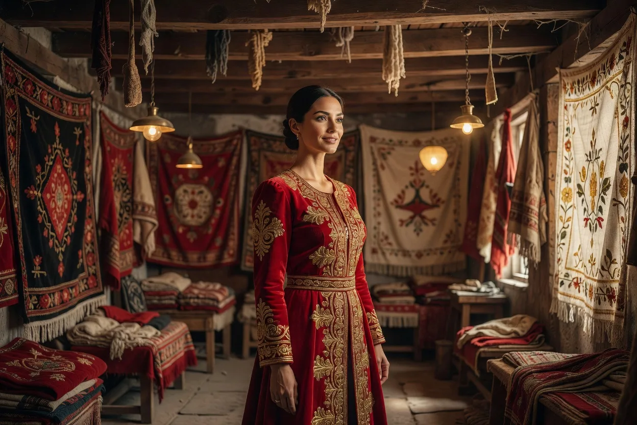 Broderie dorée traditionnelle des Balkans sur tissu de lin, technique zlatovez monténégrine