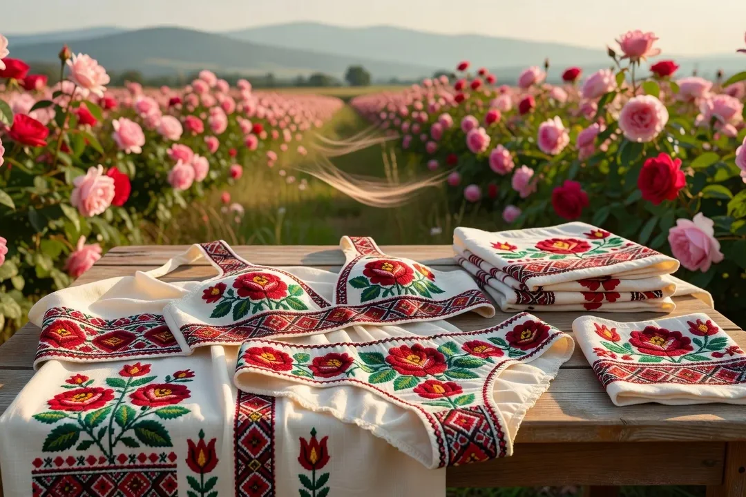 Lingerie bulgare avec broderies florales inspirées de la Vallée des Roses, motifs traditionnels bulgares sur tissu naturel