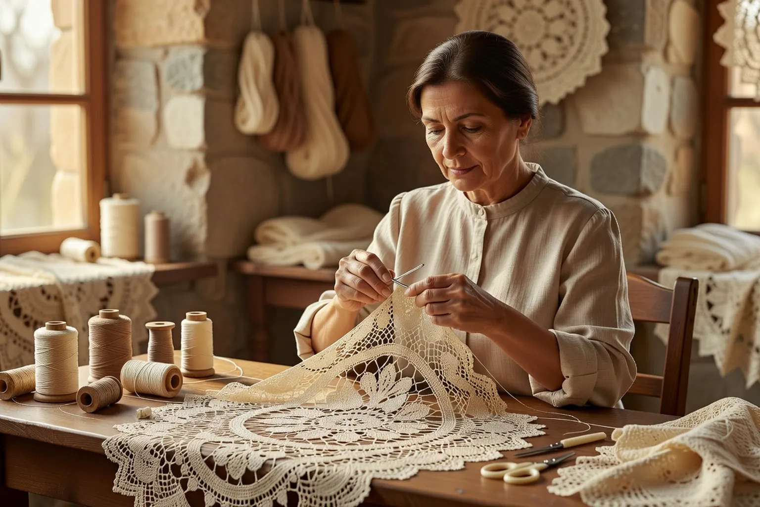 Dentelle arménienne au crochet traditionnelle appliquée à un accessoire textile fin