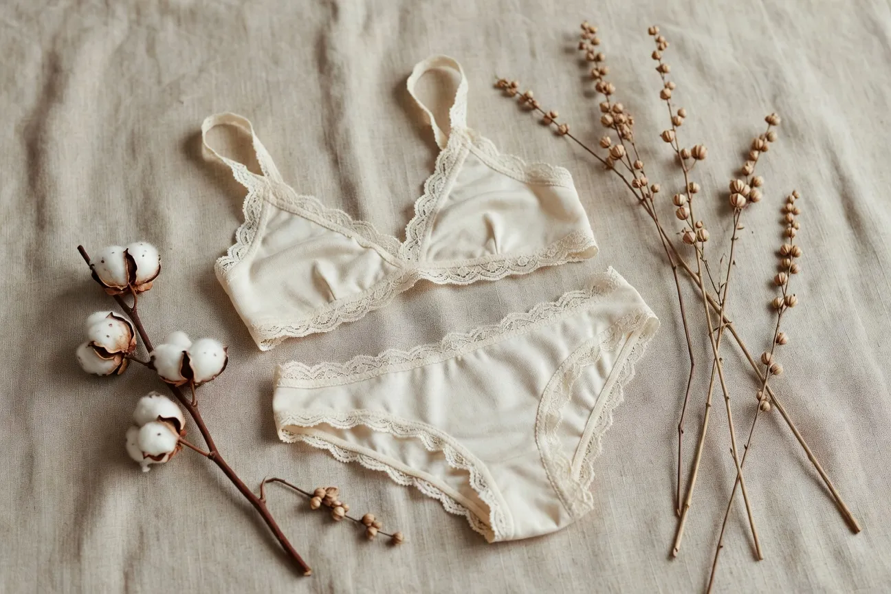 Lingerie en coton bio et dentelle naturelle disposée sur fond de lin naturel beige, atmosphère slow fashion