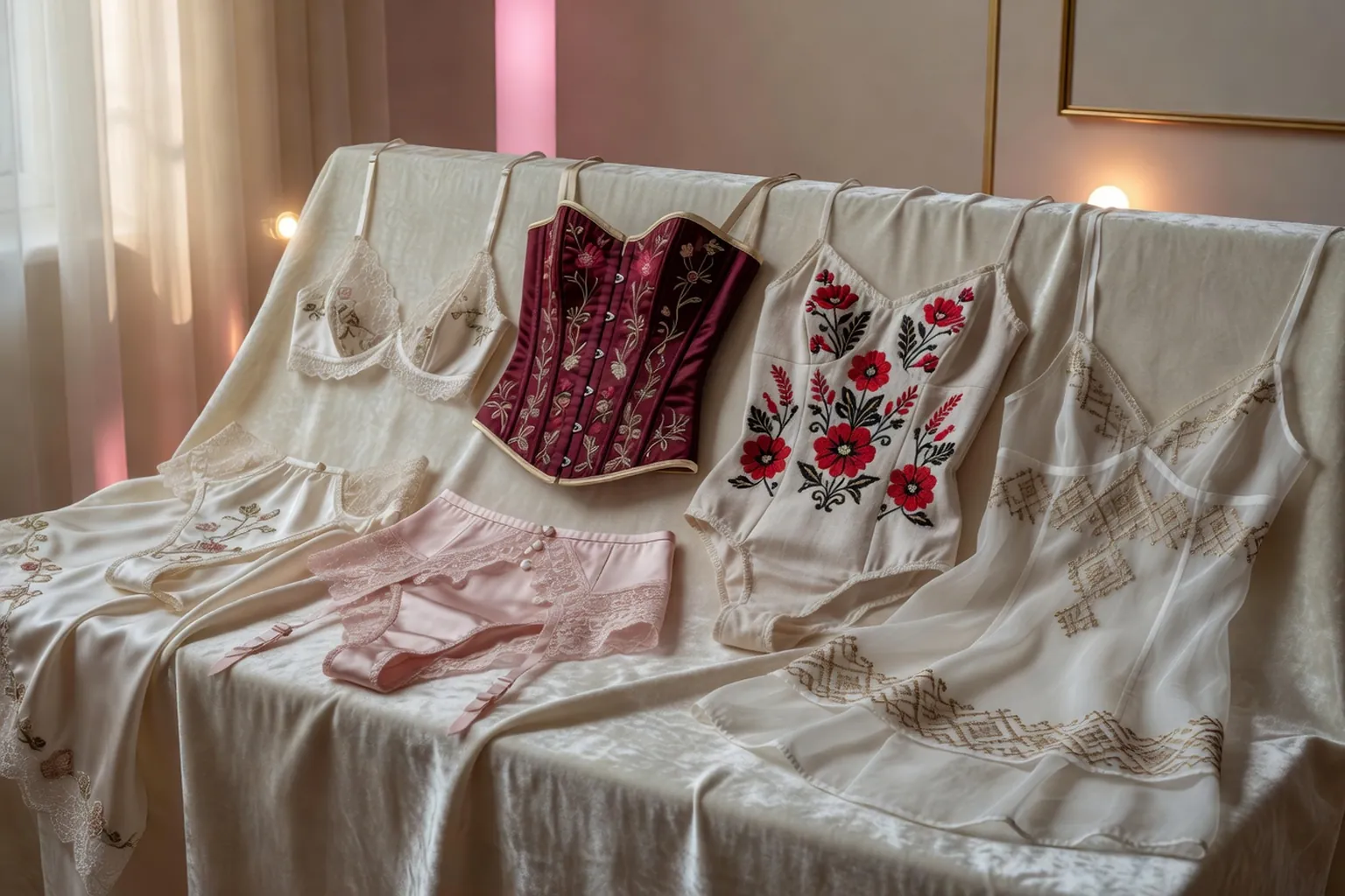 Sélection éditoriale de lingerie élégante d'Europe de l'Est sur dressing antique
