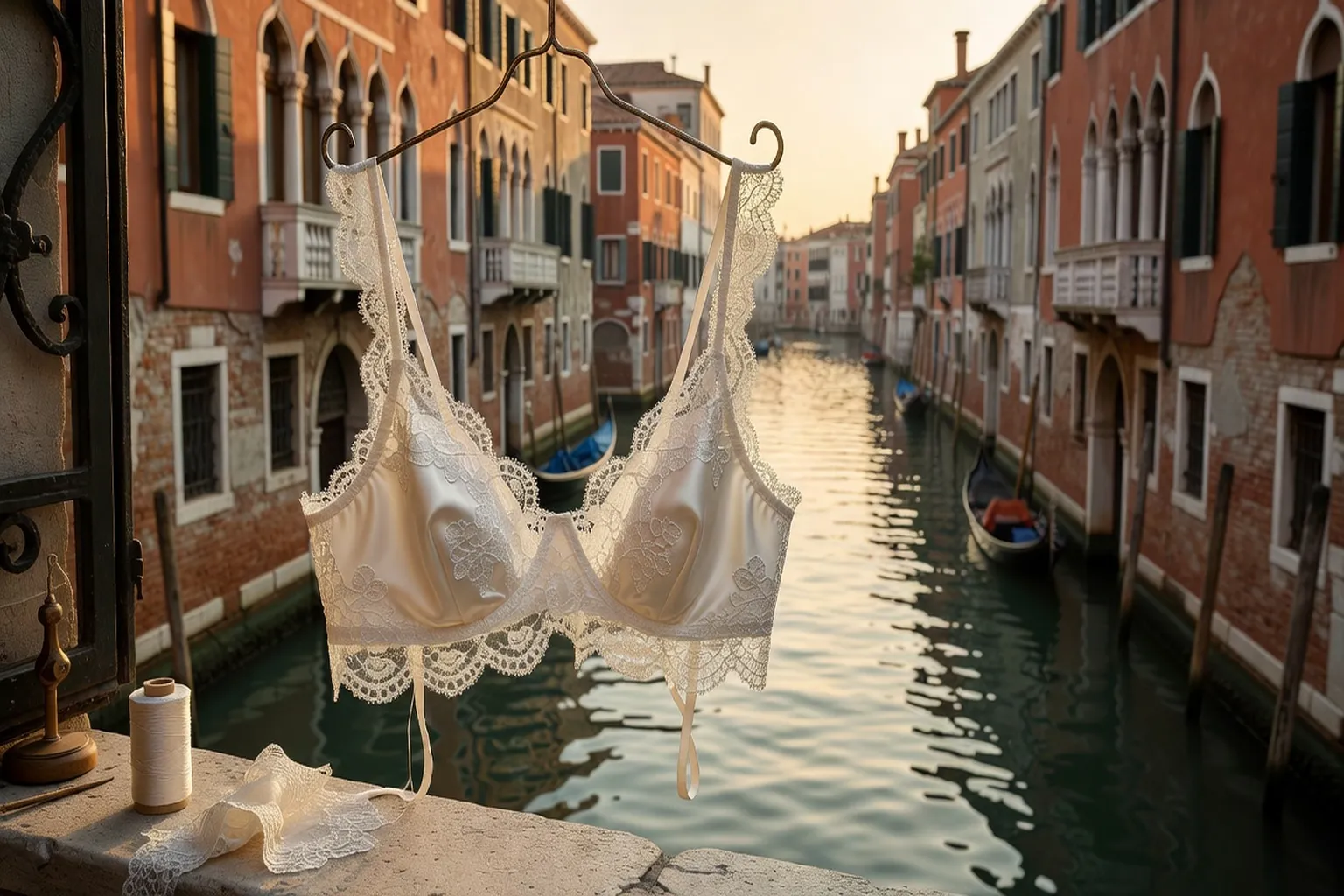 Lingerie en dentelle de Burano, soie naturelle et broderies italiennes artisanales, lumière vénitienne