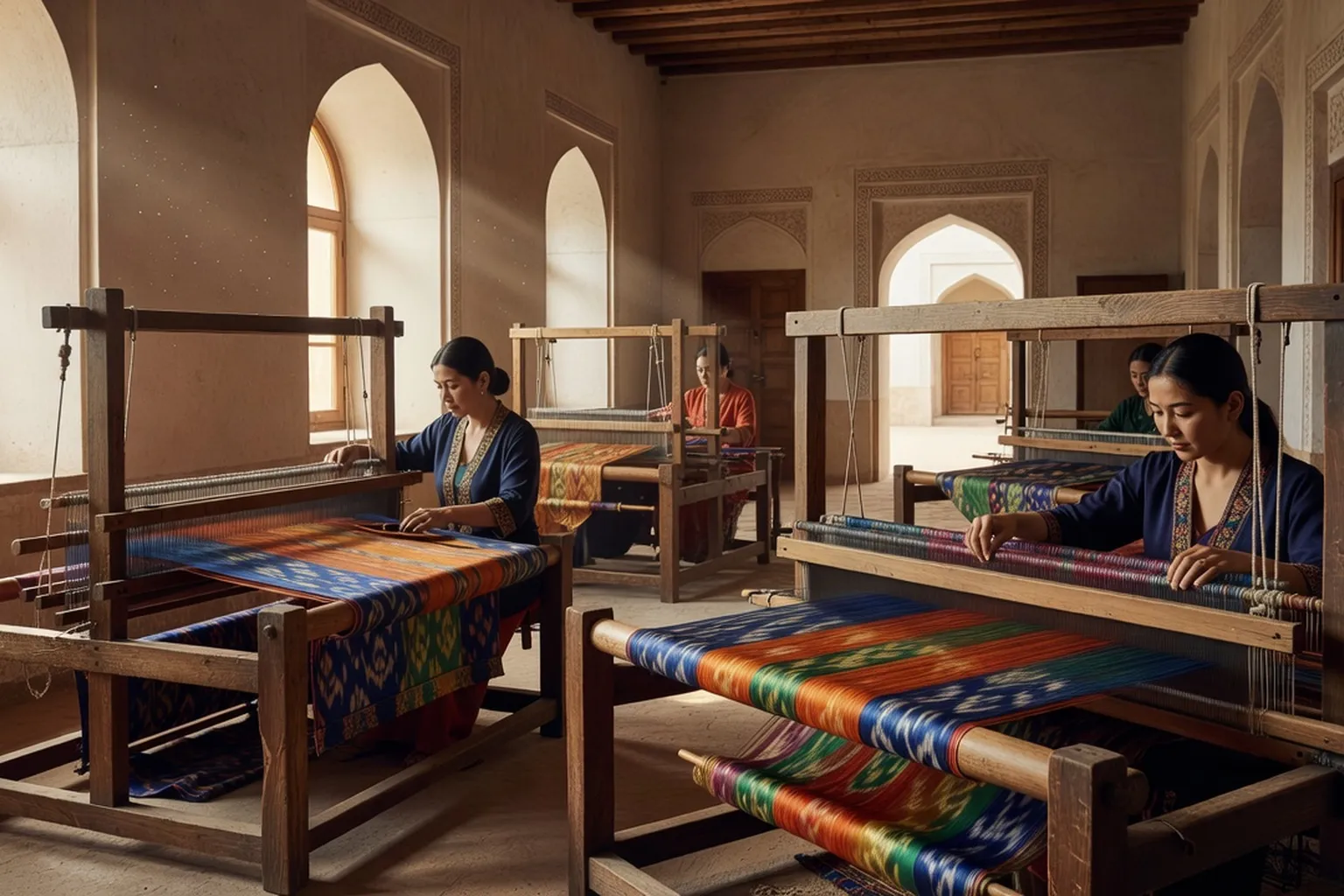 Métier à tisser traditionnel ouzbek avec soie ikat colorée, atelier artisanal de Boukhara