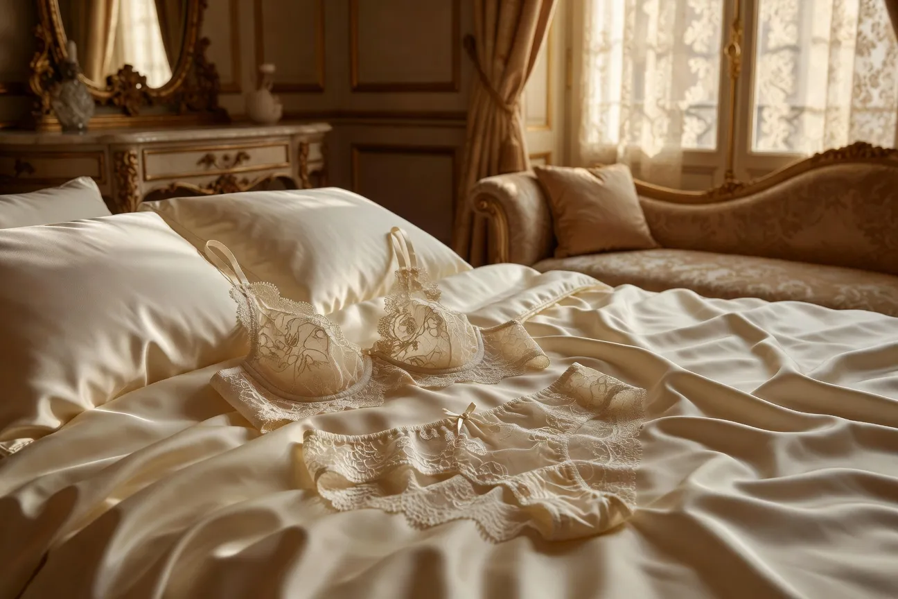 Lingerie de mariée en dentelle ivoire sur fond satiné, atmosphère romantique et élégante