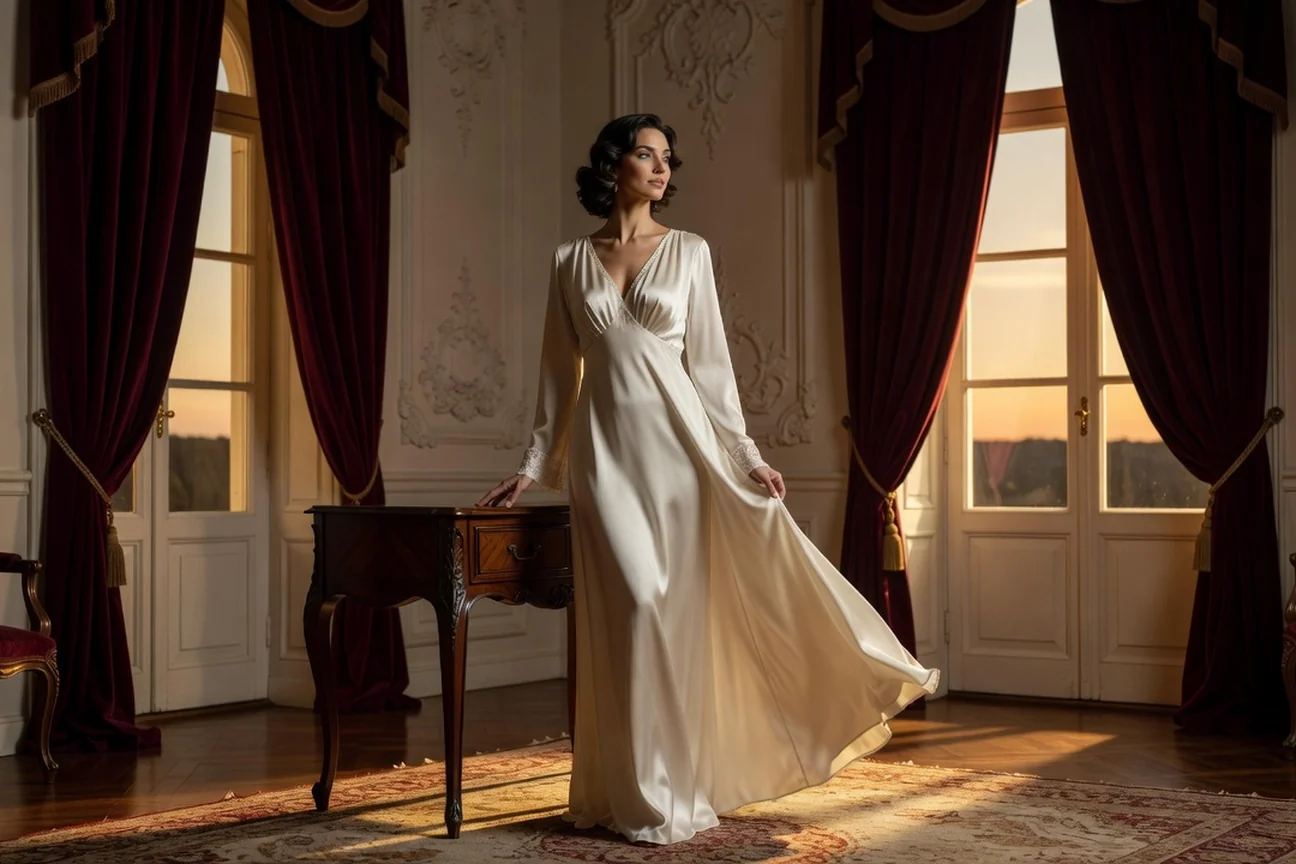 Femme élégante en longue chemise de nuit en soie ivoire dans un boudoir classique aux rideaux de velours bordeaux