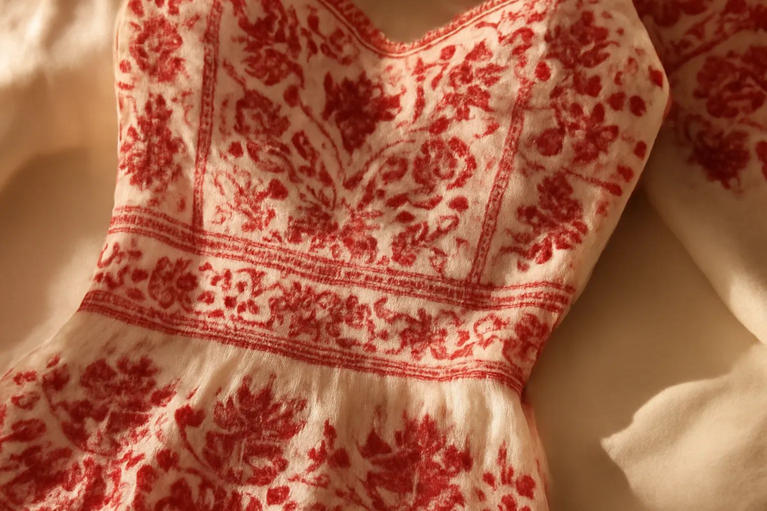 Broderie traditionnelle slave rouge et blanche sur textile de trousseau de mariage