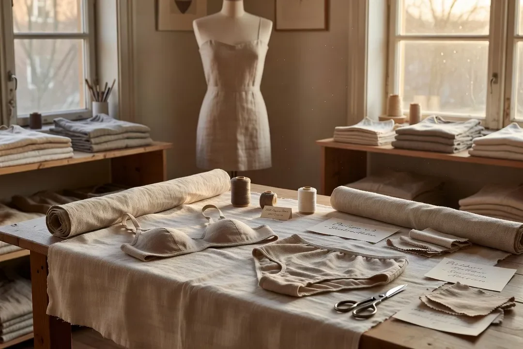 Lingerie scandinave minimaliste en lin naturel, atelier de création slow fashion nordique, lumière douce et naturelle