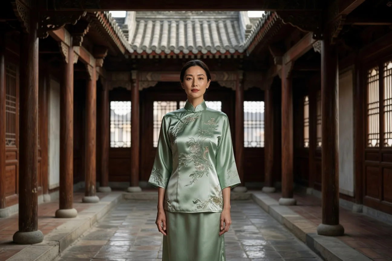 Femme chinoise portant une lingerie en soie naturelle grade 6A jade, musée de la soie de Suzhou
