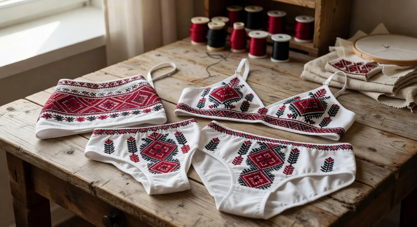 Lingerie ukrainienne avec broderies vyshyvanka en coton blanc, atelier de Kiev