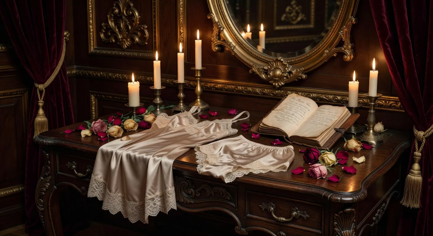 Lingerie élégante sur coiffeuse ancienne, ambiance rituels d'intimité de couple, bougies et fleurs séchées