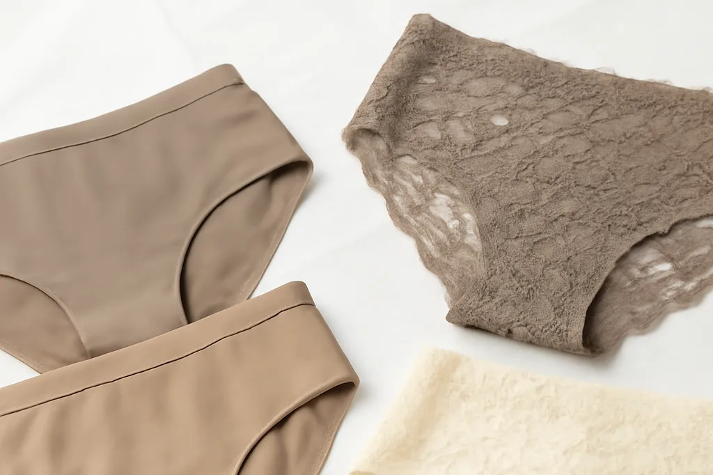 Échantillons de textiles techniques pour lingerie moderne : dentelle sans couture, microfibre et mousse de bonnet