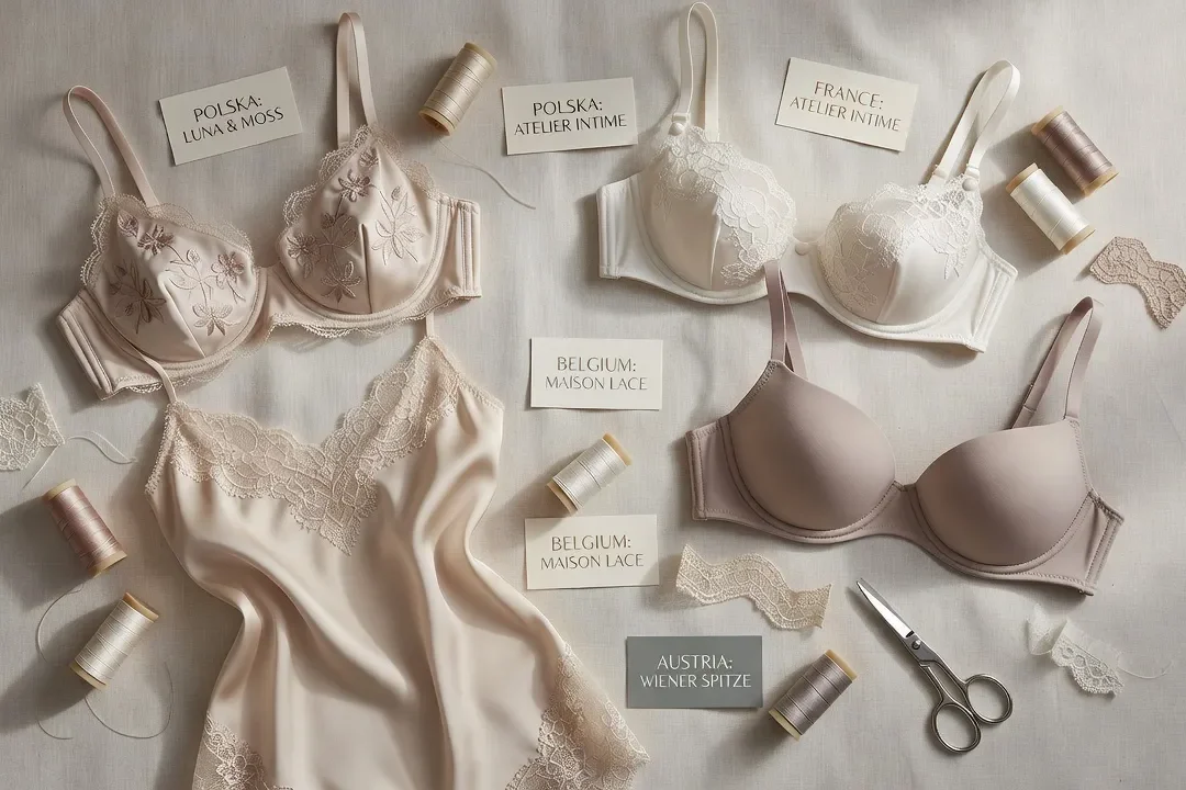 Présentation de lingerie européenne indépendante haut de gamme, pièces en soie et dentelle de Pologne France Belgique Autriche, fond neutre élégant