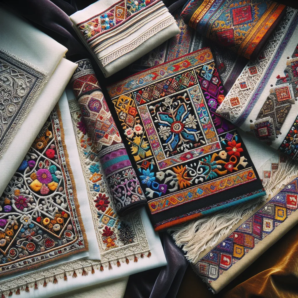 Dentelles et broderies traditionnelles d'Europe de l'Est disposées sur un tissu sombre